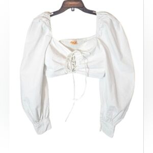 Highlight White Puff Sleeve Ruched Tie Front Crop Top Women's Size Medium